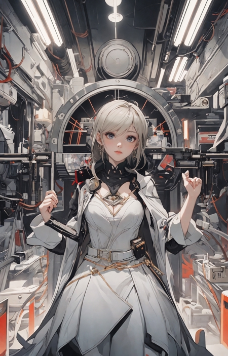 606247209521969553-2739694405-a woman in a white dress with gold accents and a futuristic background with lights and mirrors on the ceiling,cyberpunk art,retr.jpg